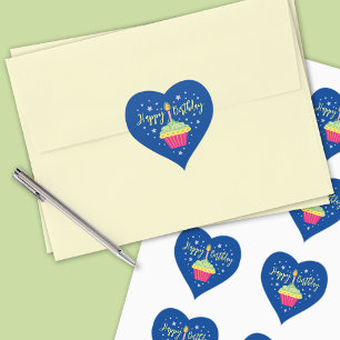 Adesivo Coração Feliz Cupcake de aniversário azul