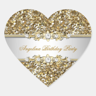 Adesivo Coração Festa de Aniversário Espelhada Dourada Joia Diaman