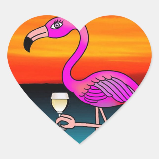 Adesivo Coração Flamingo bebendo Vinho Rosé (Frente)