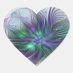 Adesivo Coração Flor de Fractal de Arte Abstrato Moderno Roxo Verd