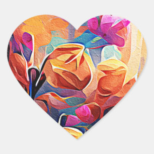 Adesivo Coração Floral Abstrato Art Laranja Vermelho Azul Flores