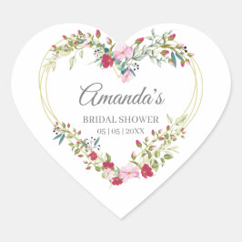 Adesivo Coração Floral Watercolor Heart with Leaves in Pink & Red