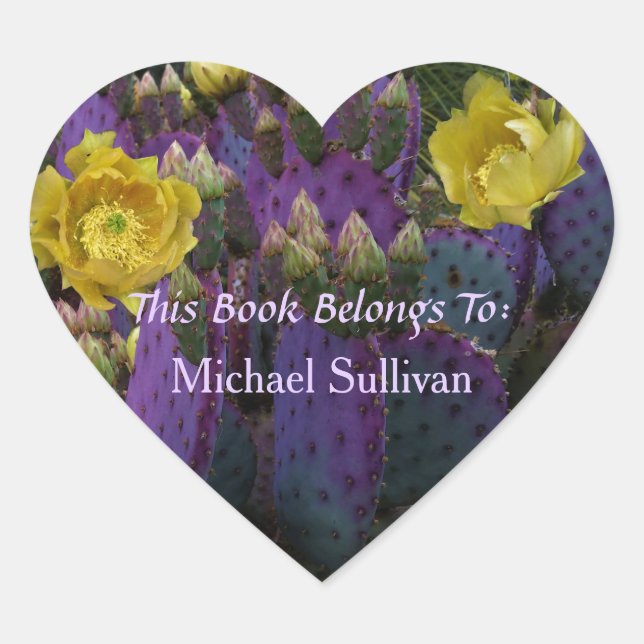 Adesivo Coração Flores Amarelas Púrpuras De Opuntia Perea Cactus (Frente)