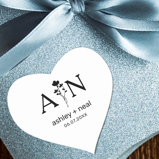 Adesivo Coração Flores selvagens com Casamento Inicial (Criador carregado)