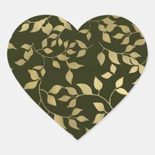 Adesivo Coração Folhas Botânicas em Faux Folha Dourado e Verde Cas