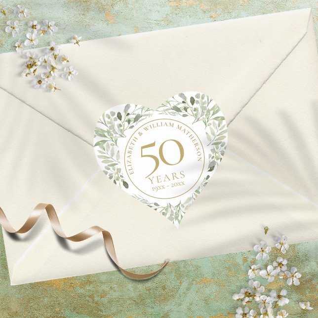 Adesivo Coração Folhas de Aquarela Suave 50º Aniversário (Soft Watercolour Leaves 50th Anniversary Heart Sticker)