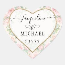 Adesivo Coração Folhas Florais Cor-de-rosa Blush Douradas Elegante