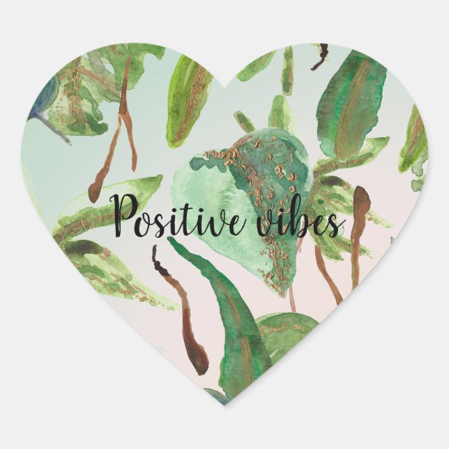 Adesivo Coração Folhas verdes Douradas tropicais (Frente)