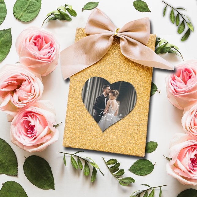 Adesivo Coração Foto De Casamento Obrigado (Small 1-1/2" heart-shaped photo sticker.)