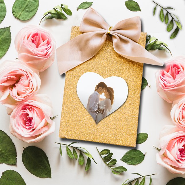 Adesivo Coração Foto De Casamento Obrigado (Small 1-1/2" heart-shaped photo sticker.)