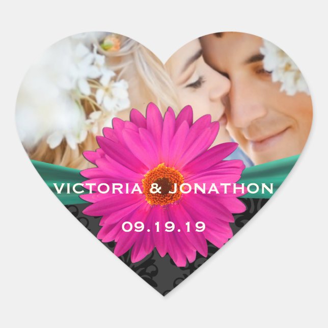 Adesivo Coração Foto: Emerald e Gerber Daisy Wedding Rosa (Frente)