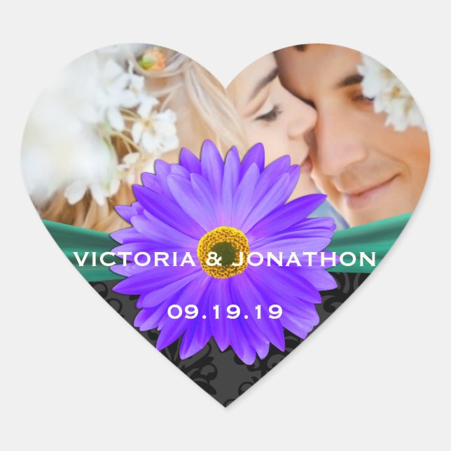 Adesivo Coração Foto Emerald Green Lavanda Gerber Daisy Wedding (Frente)