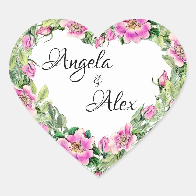 Adesivo Coração Fronteira de Rosa Rosa Aquarela Noiva e Noivo (Frente)