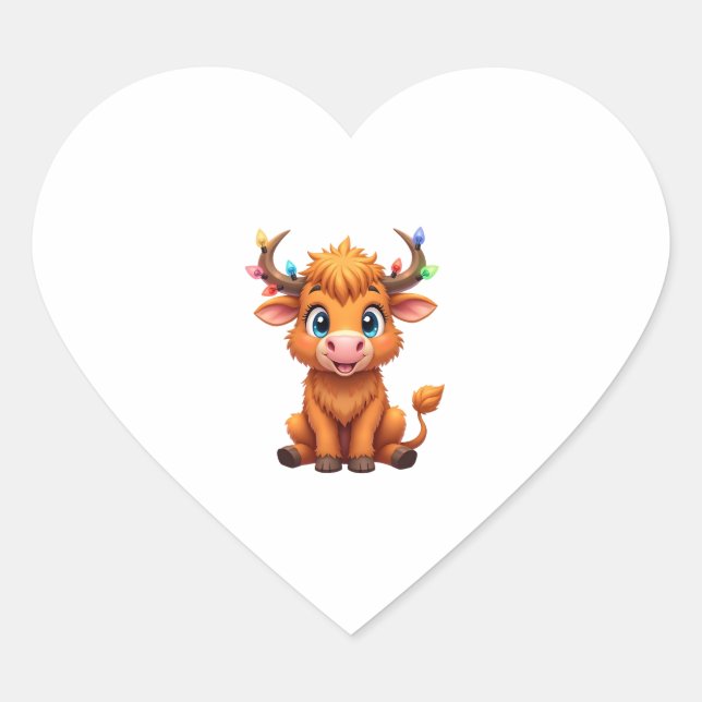 Adesivo Coração Funny Xmas Cow Lights Boys Girls Cute Highland Cow (Frente)