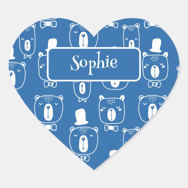 Adesivo Coração Garotos bonitos, urso cavalheiro no azul-chapéu (Frente)