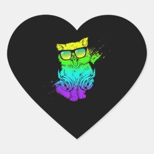 Adesivo Coração Gatinho Colorido DJ Techno Cat Music EDM Party