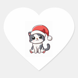 Adesivo Coração Gatinho de Natal bonito vestindo chapéu de Papai N