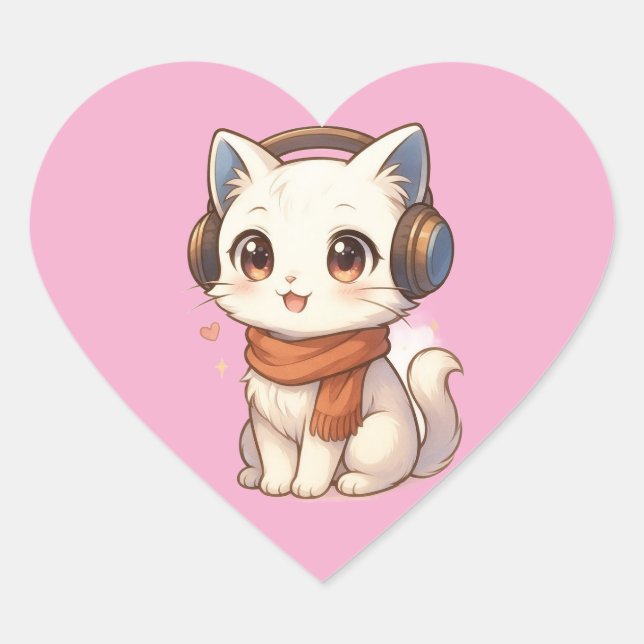 Adesivo Coração ​ Gatinho Kawaii Gatinho, em Pia Rosa (Frente)