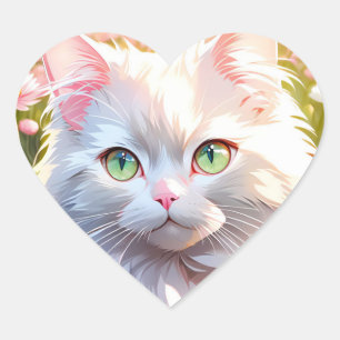 Adesivo Coração Gato Branco na Arte AI de Campo Flor