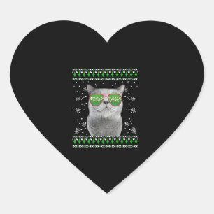 Adesivo Coração Gato com óculos de sol Suéter de Natal Feliz