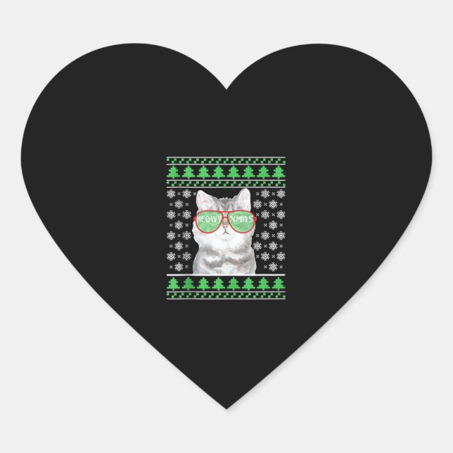 Adesivo Coração Gato com óculos de sol Suéter de Natal Feliz (Frente)