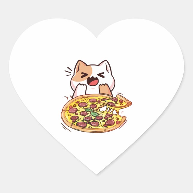 Adesivo Coração Gato Comendo Pizza (Frente)