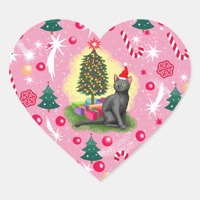Adesivo Coração Gato de Natal Rosa (Frente)