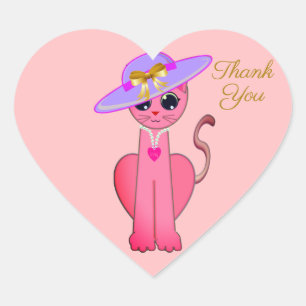 Adesivo Coração Gato elegante rosa em um obrigado coral rosa