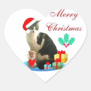 Adesivo Coração Gato Tabby de Natal Fofo