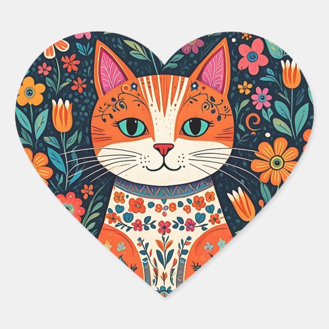 Adesivo Coração Gatos e Flores de Arte Folical Whimsical (Frente)