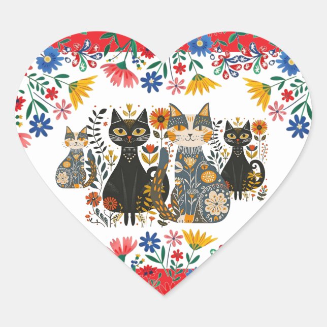 Adesivo Coração Gatos e Flores Mexicanos, (Frente)