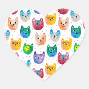 Adesivo Coração Gatos em aquarela e amigos