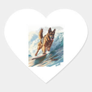 Adesivo Coração German shepherd surfando nas ondas