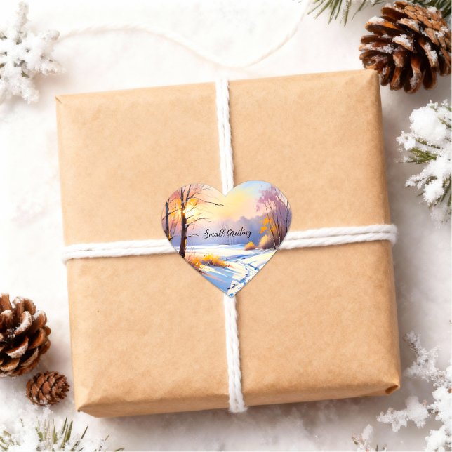 Adesivo Coração Geschenkaufkleber Winterlandschaft Morgenlicht (mit Wunschtext personalisierbarer Geschenkaufkleber in Herzform mit Winterlandschaft im Morgenlicht)