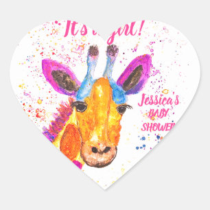 Adesivo Coração Girafa Cachorra Aquarela Safari Chá de fraldas Sel