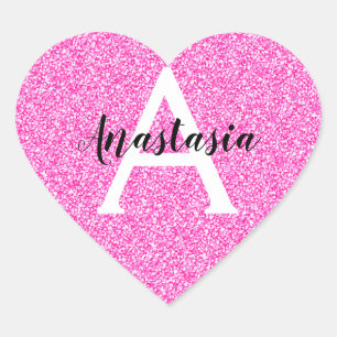 Adesivo Coração Glitter Rosa Quente Brilhante Brilha Nome do Monog
