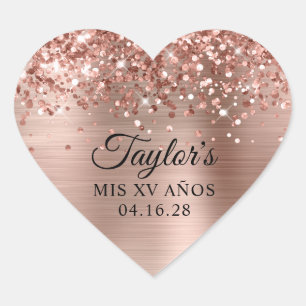 Adesivo Coração Glittery Rose Gold Foil Meus XV Anos