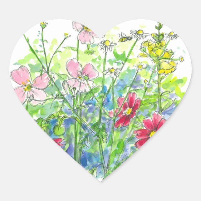 Adesivo Coração Honey Bee Cosmos Snapdragons Watercolor Flowers (Frente)