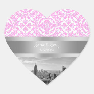 Adesivo Coração Horizonte de NY Cidade BW D4P Rosa Damask Branco