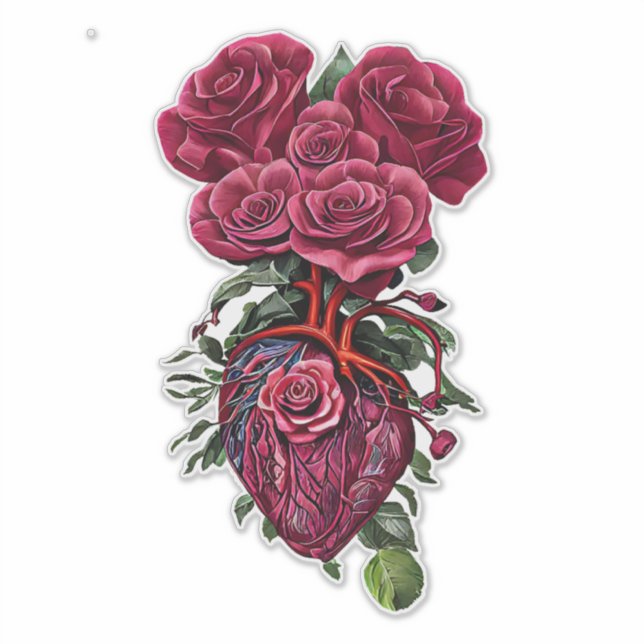 Adesivo Coração Humano com flores Rosas vermelhas, arte su (Frente)