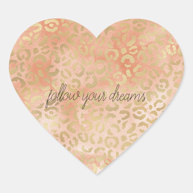 Adesivo Coração Impressão Leopardo Dourada com Rosa de Pêssego (Frente)