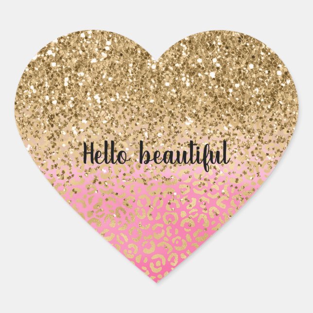 Adesivo Coração Impressão Leopardo Dourada Rosa-Rosa (Frente)