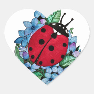 Adesivo Coração Joaninha bonito da aguarela com as flores
