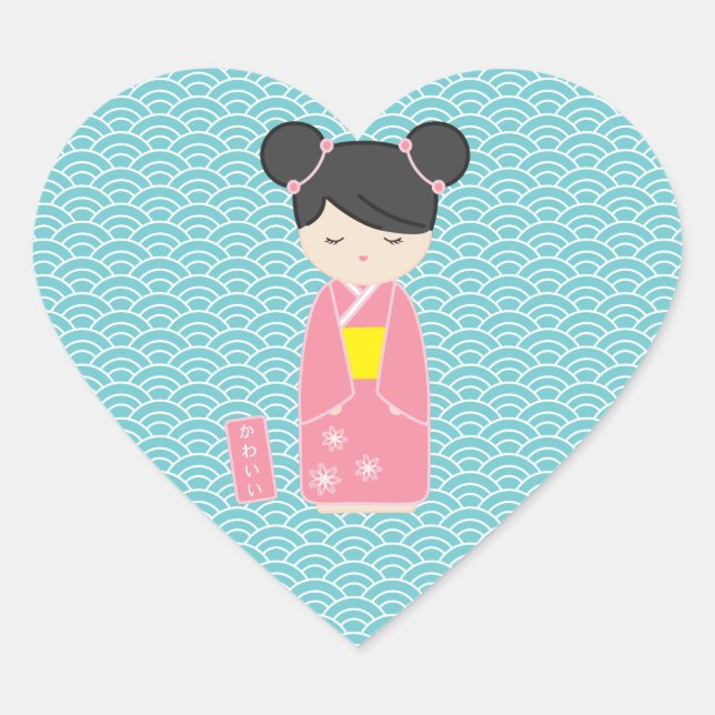 Adesivo Coração Kawaii Pink Kokeshi (Frente)