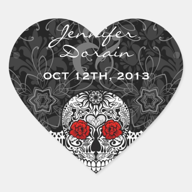 Adesivo Coração Lace Sugar Skull Day of the Dead Save the Date (Frente)
