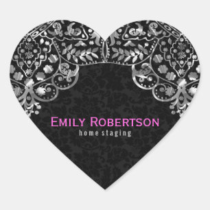 Adesivo Coração Laço metálico do vintage da prata preta elegante