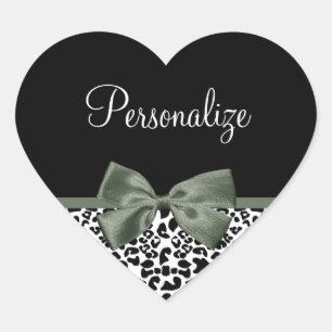 Adesivo Coração Leopard Imprime Fita Verde Escura Com Nome