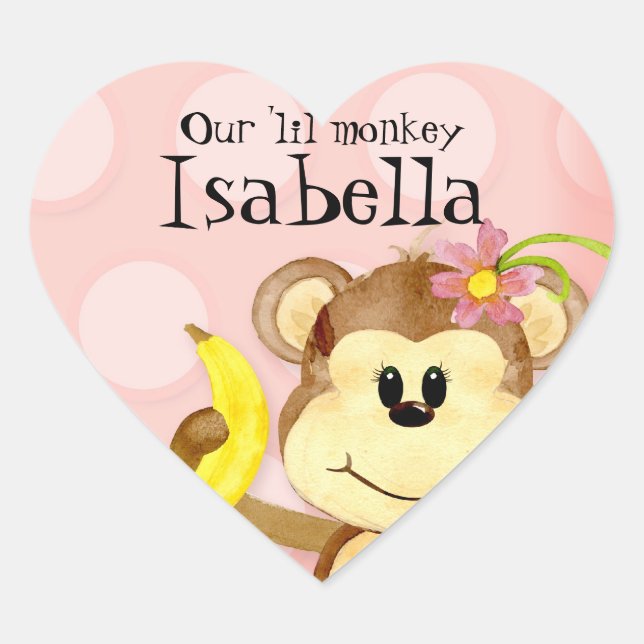 Adesivo Coração Lil Monkey, Chá de fraldas De Garota Selo (Frente)