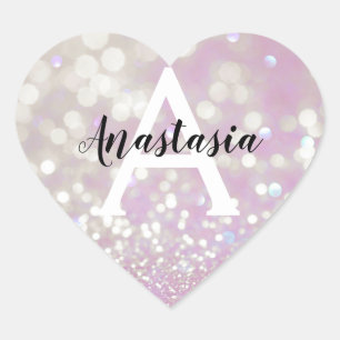 Adesivo Coração Lilás Girly Brilho Glitter Faíscas Monograma Nome