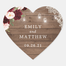 Adesivo Coração Luzes de cordas de madeira russa de borgonha flora